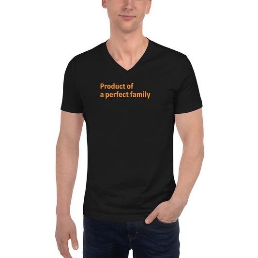 Product of a Perfect Family - Orange Text - Mens V-Neck T-Shirt
